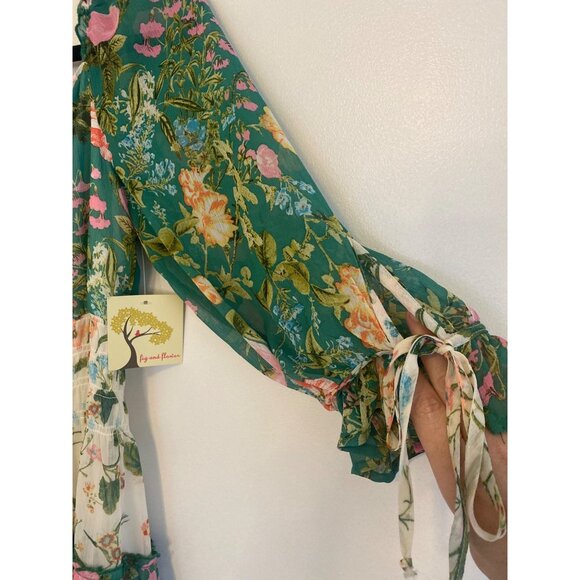 NWT Fig And Flower Green & Cream Floral Boho Tiered Midi Dress W/ Tie Neck Size - Picture 5 of 7